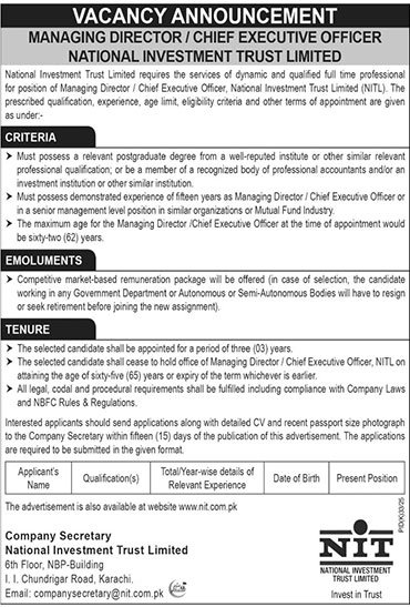 National Investment Trust Limited Karachi Tender Notice